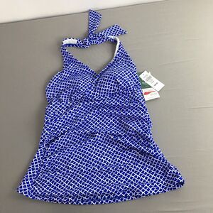 LL Bean Sunblocking Swimwear Halter Tankini Top Blue Beach White Woman Sz 6 NEW!